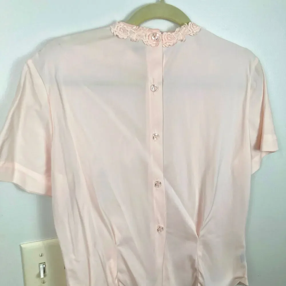 VTG Pink Pleated Sheer Button Back Blouse Size M Rosette Beaded Collar Victorian